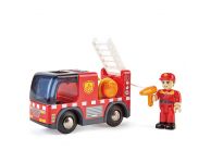 Houten treinbaan brandweerwagen + sirene